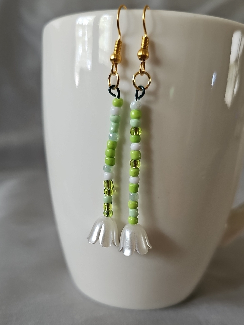 Mismatched Green Beaded Flower Drop Earrings
